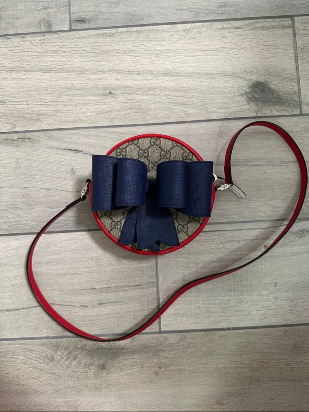 Gucci Red Trim Round Crossbody with Navy Bow